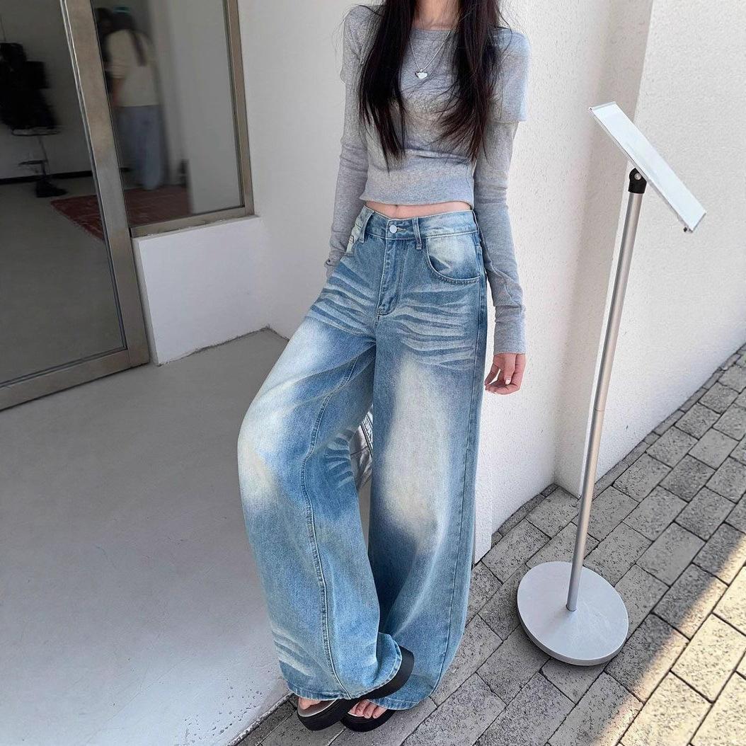 

Washed High-Waisted Wide-Legged Denim Jeans Women Spring and Summer Loose Crackle Design Casual Skinny Drapey Straight Mopping Pants Retro Jeans 4XL
