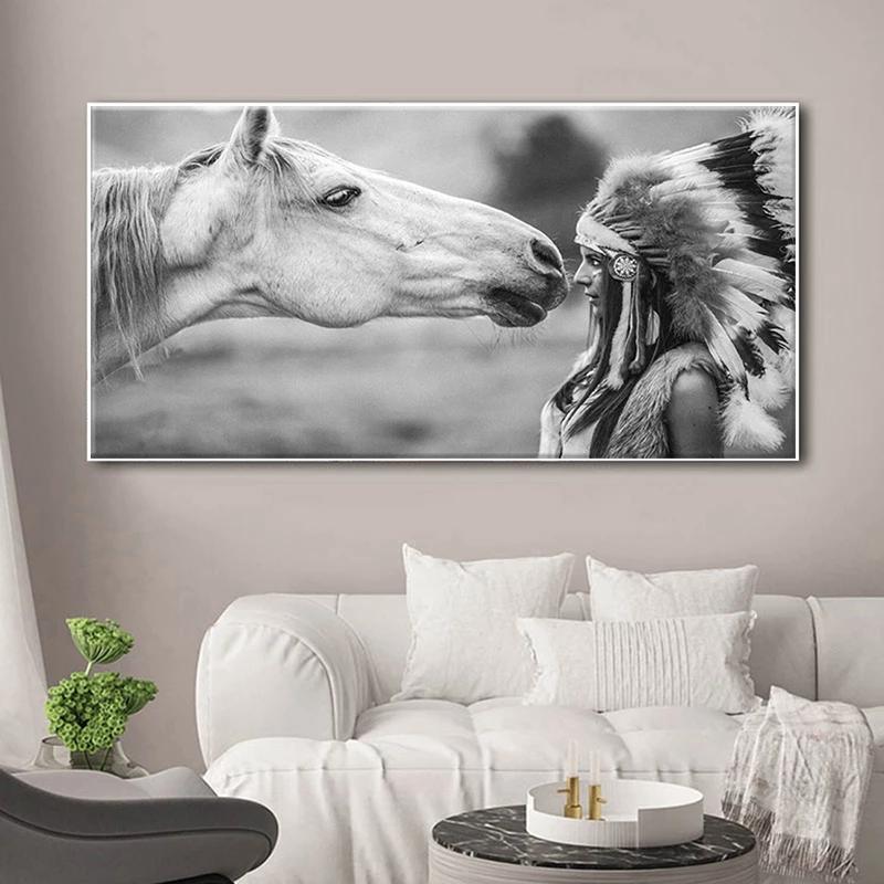 Indian Woman and White Horse Canvas Painting Poster and Printmaking Wall Art Picture Cuadros Room Dining Room Home Decoration