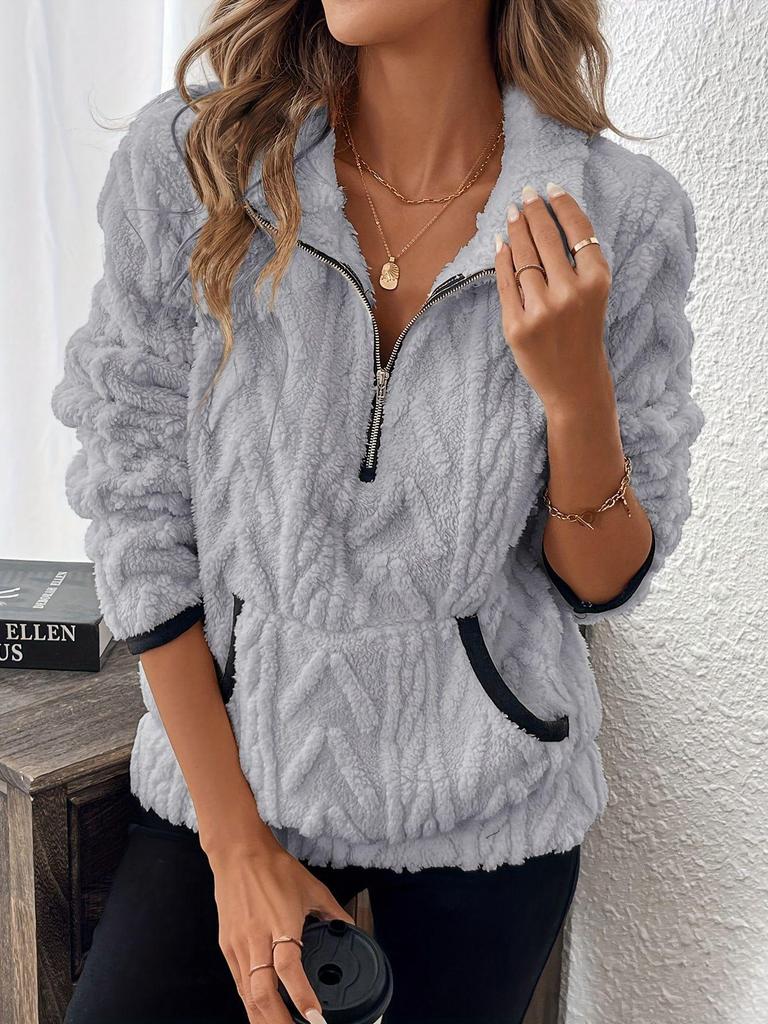 2025 Autumn/Winter European & American Lapel Jacquard Half-Zip Plush Pocket Short Sweatshirt