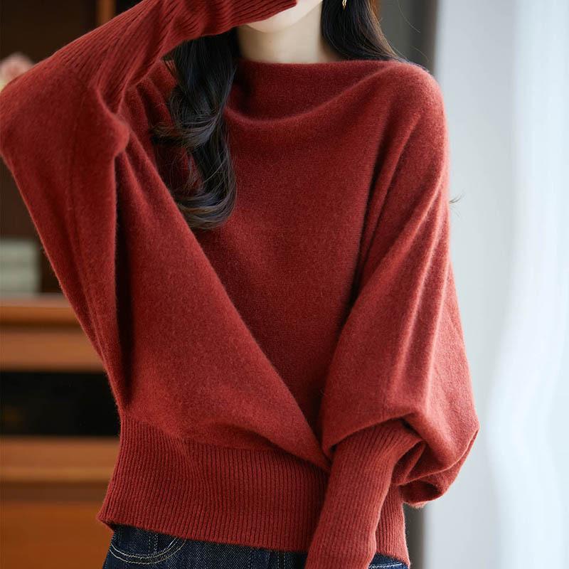 Women's One-Shoulder Batwing Sleeve Knit Sweater - Loose Fit, Lazy Design, Split Hem, Wool Blend for Autumn/Winter