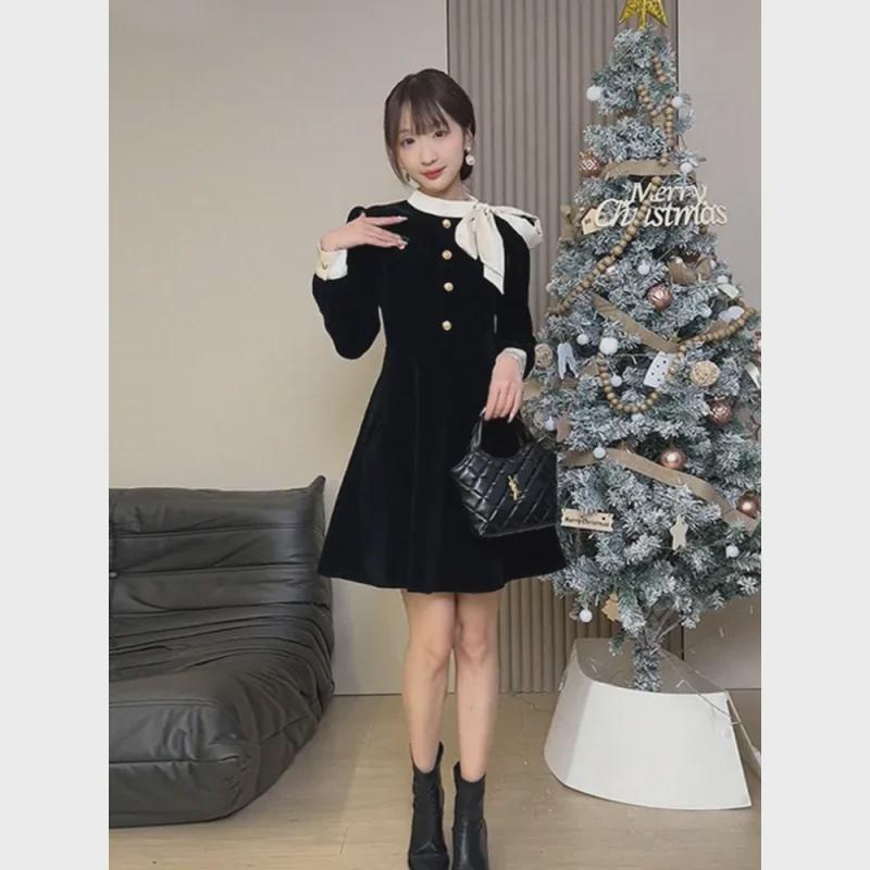 Samtkleid mit Schleife im Hepburn-Stil Schwarz - Herbstkollektion 2024