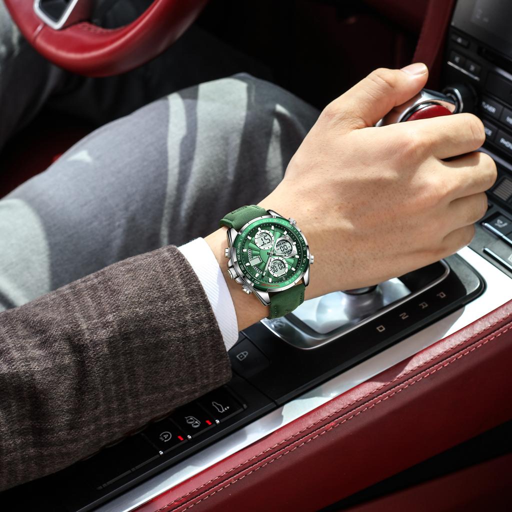 POEDAGAR E108 Practical Business Men's Dual Display Watch Leather Strap Waterproof Casual Fashion Male Wristwatch Gift