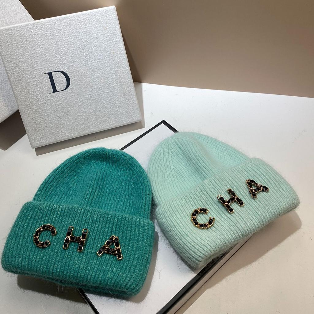 Chain Letter Cha Simple Wool Hat Winter Warm Rabbit Hair Double Fold Knitted Hat Outdoor Ear Protection