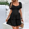 2025 new retro sweet wind hollow waist bubble sleeve black square neck dress