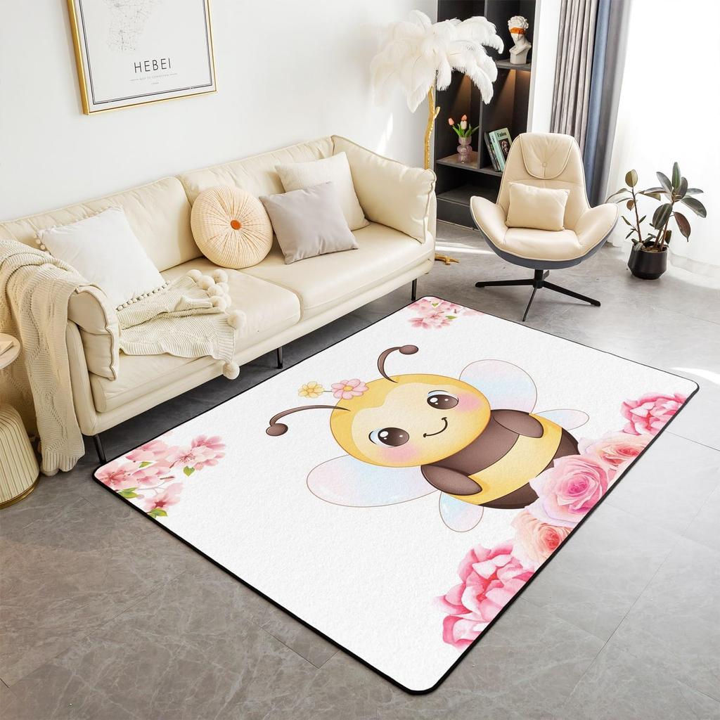 Tappeto a nido d'ape a cartoni animati, tappeto ape e fiori per bambini e bambine, tappeto geometrico con fauna selvatica volante per decorazione soggiorno e camera da letto