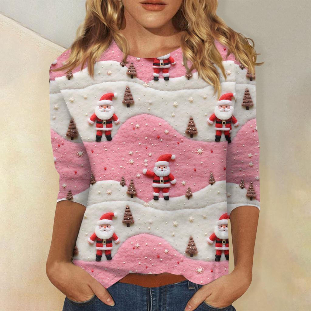 Women's Fashionable Casual Three-Quarter Sleeve Christmas Print Round Neck Top