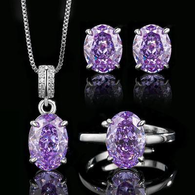 Jewelry Set Oval Ring Earring Necklace Women Light Luxury Ice Flower Cut Super Sparkling High Carbon