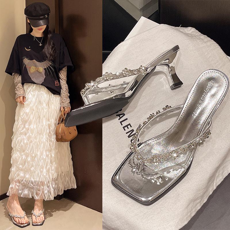 Super beautiful toe thin heel flip-flops female outer wear 2025 summer new fairy wind rhinestone temperament high heel cool slippers