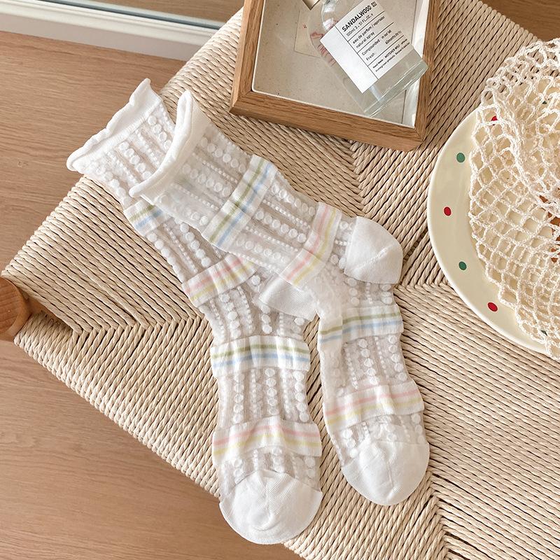 Spring/Summer Ultra Thin Vintage Crystal Silk Stockings for Women Socks for Women Mid-tube Stockings Breathable Cotton Sole Glass Silk Stockings