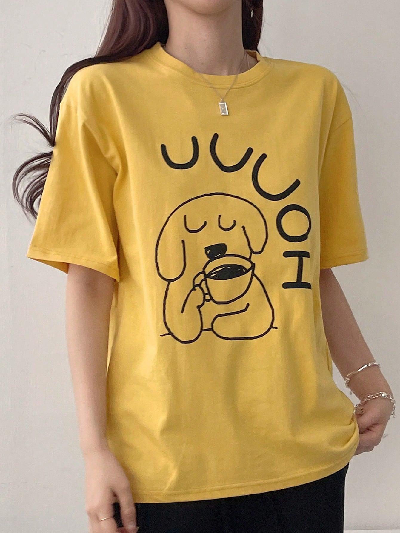 Women Summer Casual Short Sleeve T Shirt Cute Cartoon Dog Drinking Coffee Print Tee Fashion Cute Tops Streetwear S