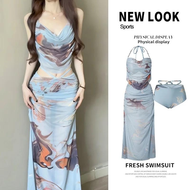 

Sexy Bikini Swimwear Women s Three-Piece Set Long Dress Small Chest Gathered Steel Supportive Summer Vacation Beachwear S (35.00 kg-45.00 kg