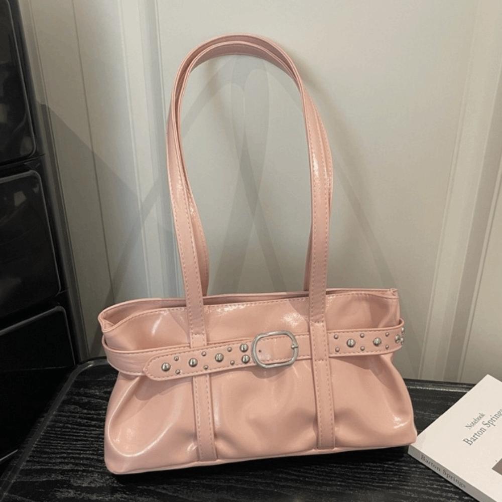 Rivet Belt Buckle Underarm Bag Large Capacity Tote Bag Simple PU LeatherShoulder Bag Casual Style