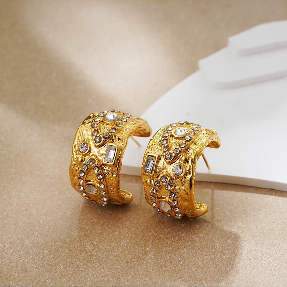 

Vintage Stainless Steel Wide Chunky Hoop Earrings for Women Gold Plated Pave Crystal Eyes Earring Statement Zircon Gifts