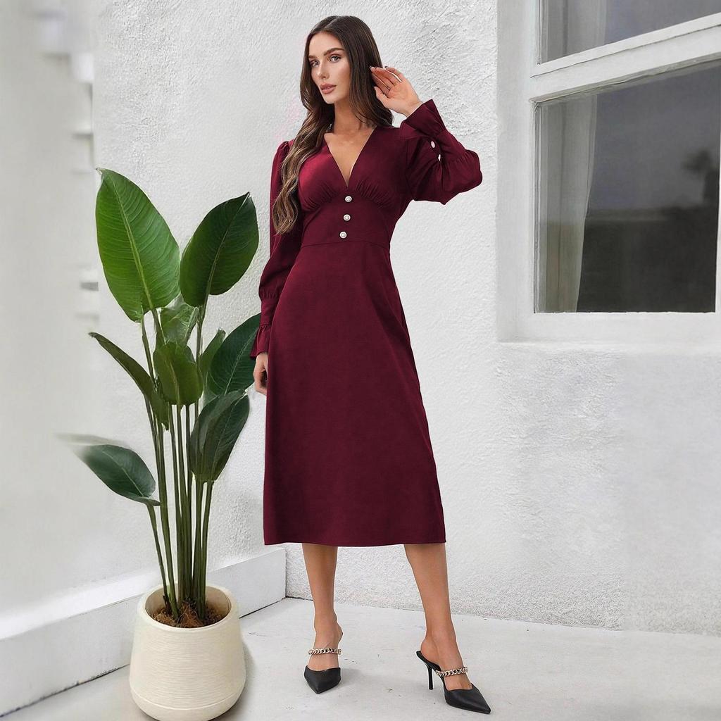 Women's Brown V-Neck Long Sleeve Dress with Ruffled Collar and Cuffs