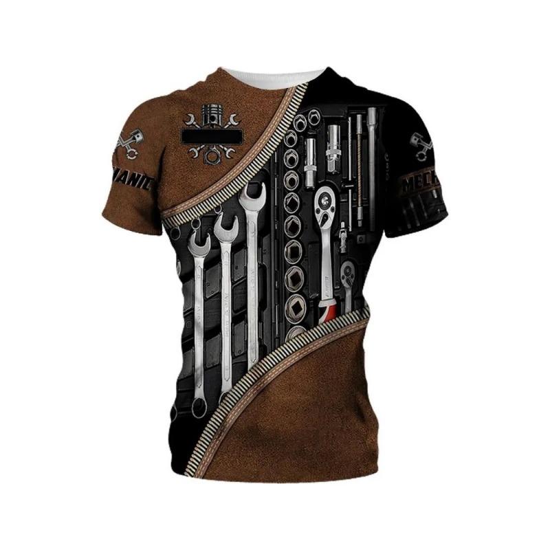 Summer Round Neck 3D Machine Tools Print Top Fashionable Casual Short Sleeved Men's T-shirts