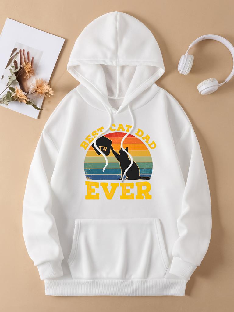 Best Cat Dad Ever Pattern Womens Hoody Hip Hop Fleece Hoodies Pocket Loose Y2K Clothes Casual Autumn Multicolor Pullover