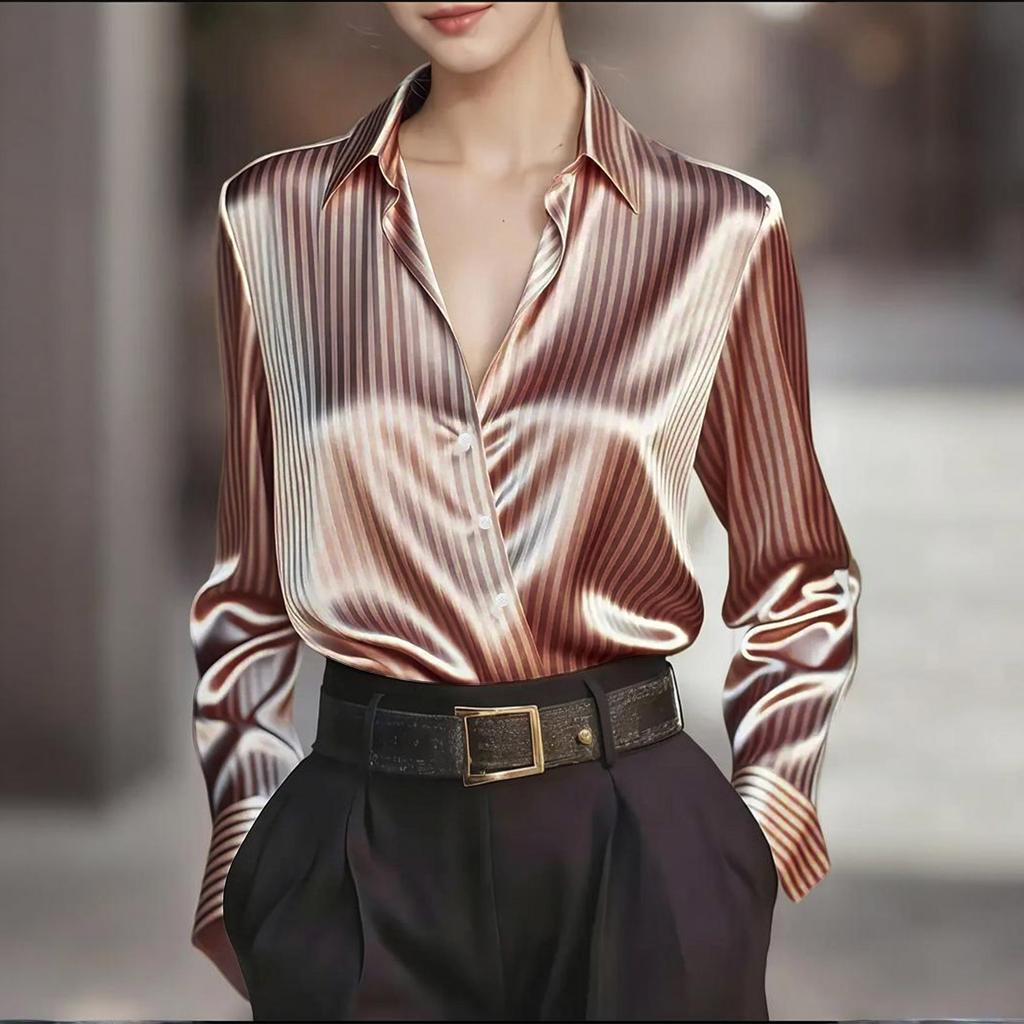 Elegant And Stylish Retro Striped Collared Long,sleeved Shirt For Women