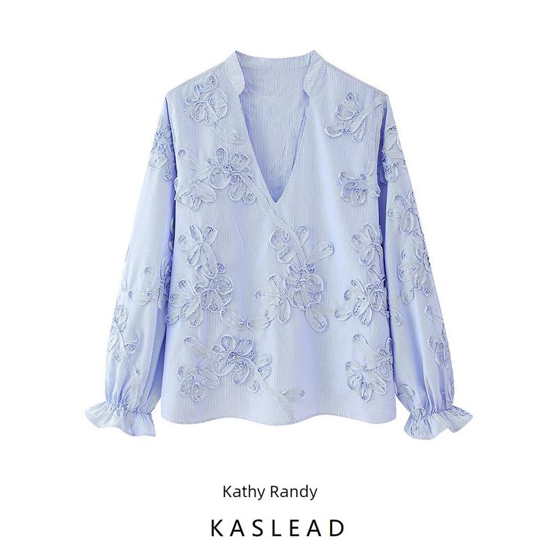 Kaslead New Women Clothes Western Style Texture Stripe Plate Flower Poplin Shirts 0387070