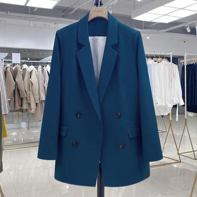 Hong Kong Style Loose Blue Office Lady Blazers Double Breasted Blazer Notched Ladies Office Clothes