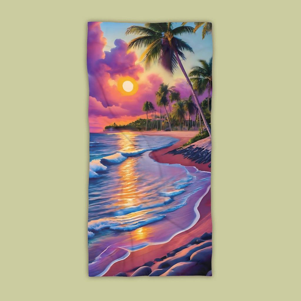 1PC Tropical Sunset Beach Towel Lush Coastal Design Soft Absorbent for Summer Pool Vacation Decor