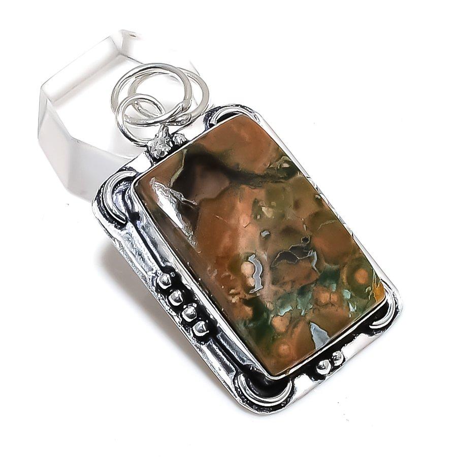 Natural Rainforest Jasper Gemstone 925 Steling Silver Pendant 2.05" F0o68