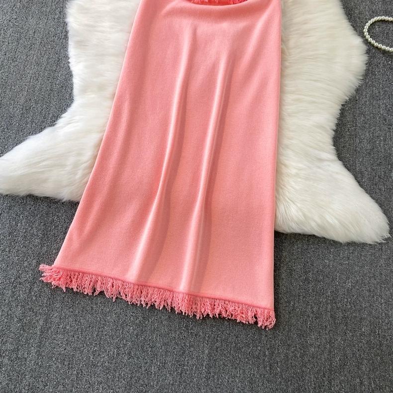 French-Style Solid Knitted Fringe Halter Dress for Women 2026 New Arrival Summer Collection Elegant and Gentle Pink Resort-Style Maxi Dress