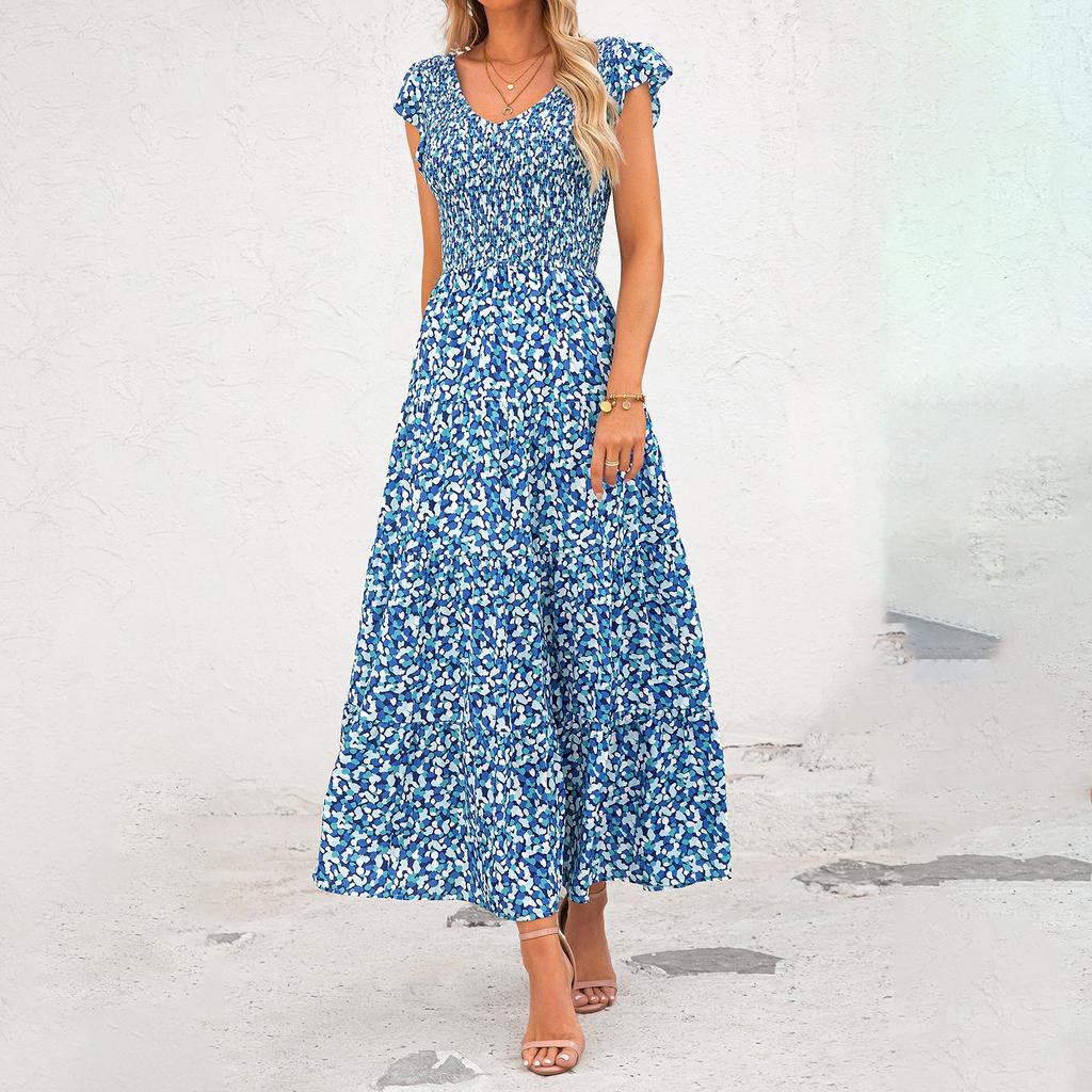 V-neck Backless Pleated Fly Sleeve Printed Dress