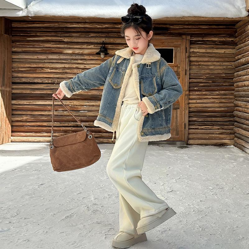 Girls' Trendy Fleece-Lined Denim Jacket 2025 - Warm Winter Cardigan