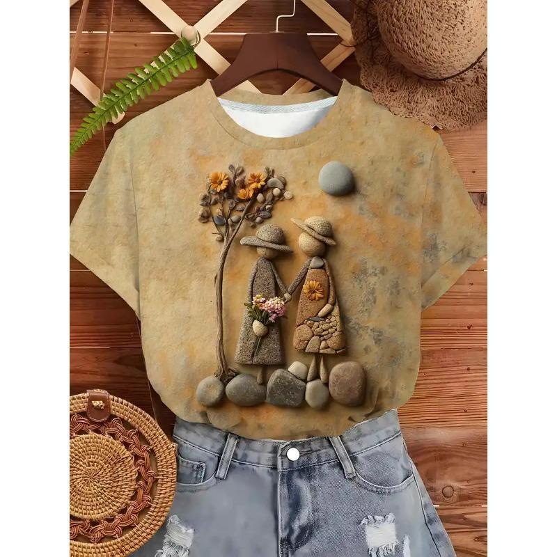 Dam T-shirt 3D 3D Ansiktstryck Mode Dam Kortärmad Rund Hals Casual Bekväm Topp
