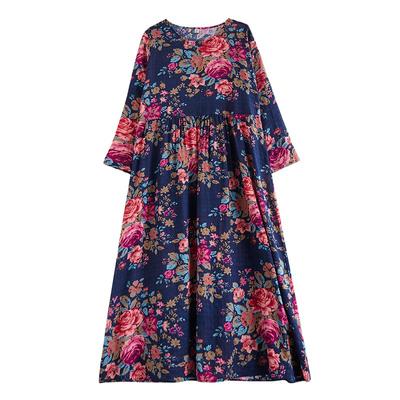 Cotton Linen Vacation Pattern Maxi Dresses Spring Autumn Holiday Travel Vintage Round Neck Long Sleeve Dress Women