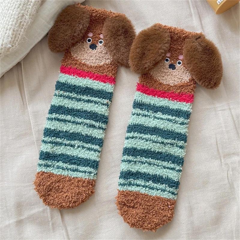 1Pair Thick Socks Cartoon Floor Socks Warm Coral Fleece Socks Comfortable Sleep Socks Skin-friendly Sausage Dog