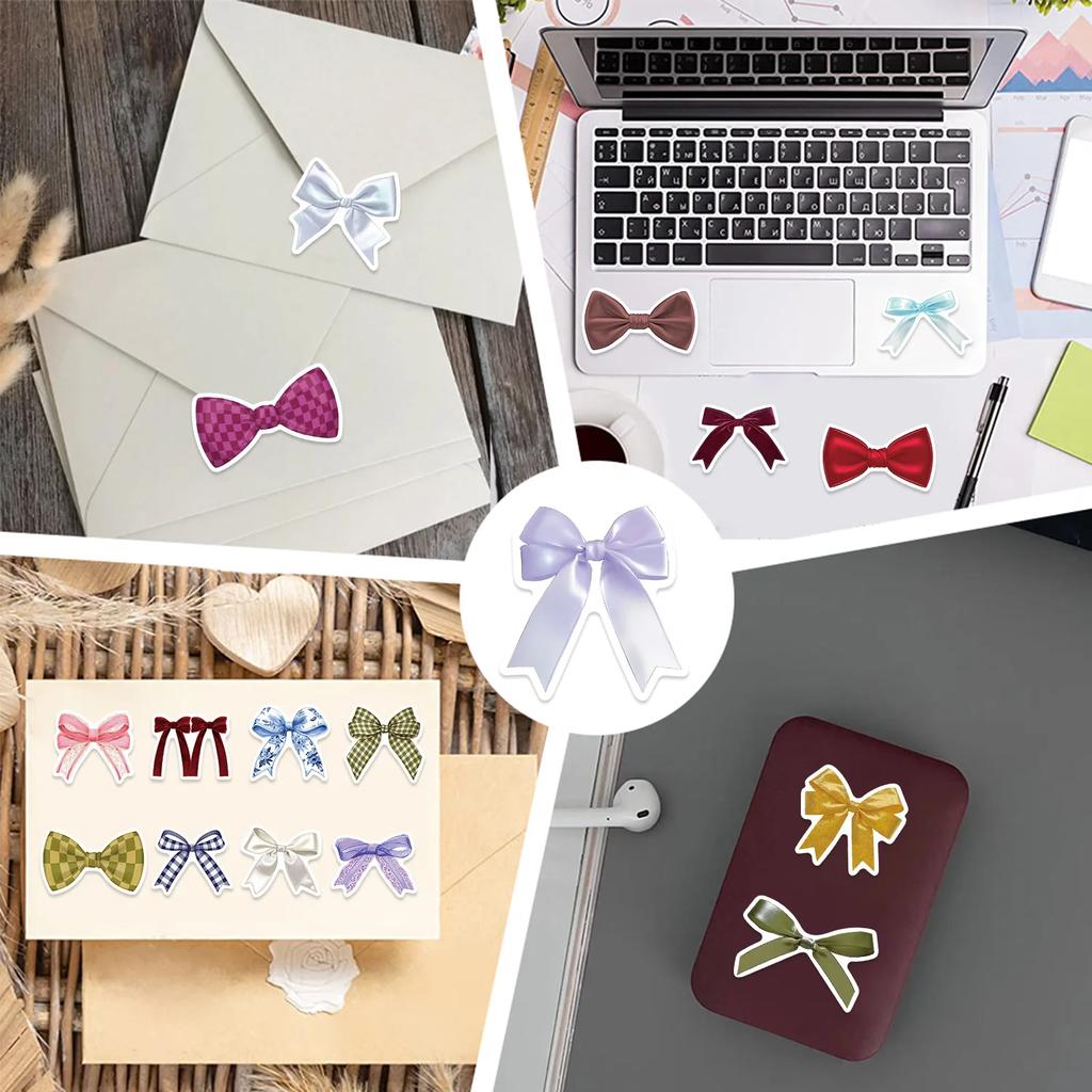 Colorful Bow Stickers Removable Aesthetic DIY Decals for Scrapbooking Phone Luggage Skateboard Glossy Waterproof Skin Safe Decor