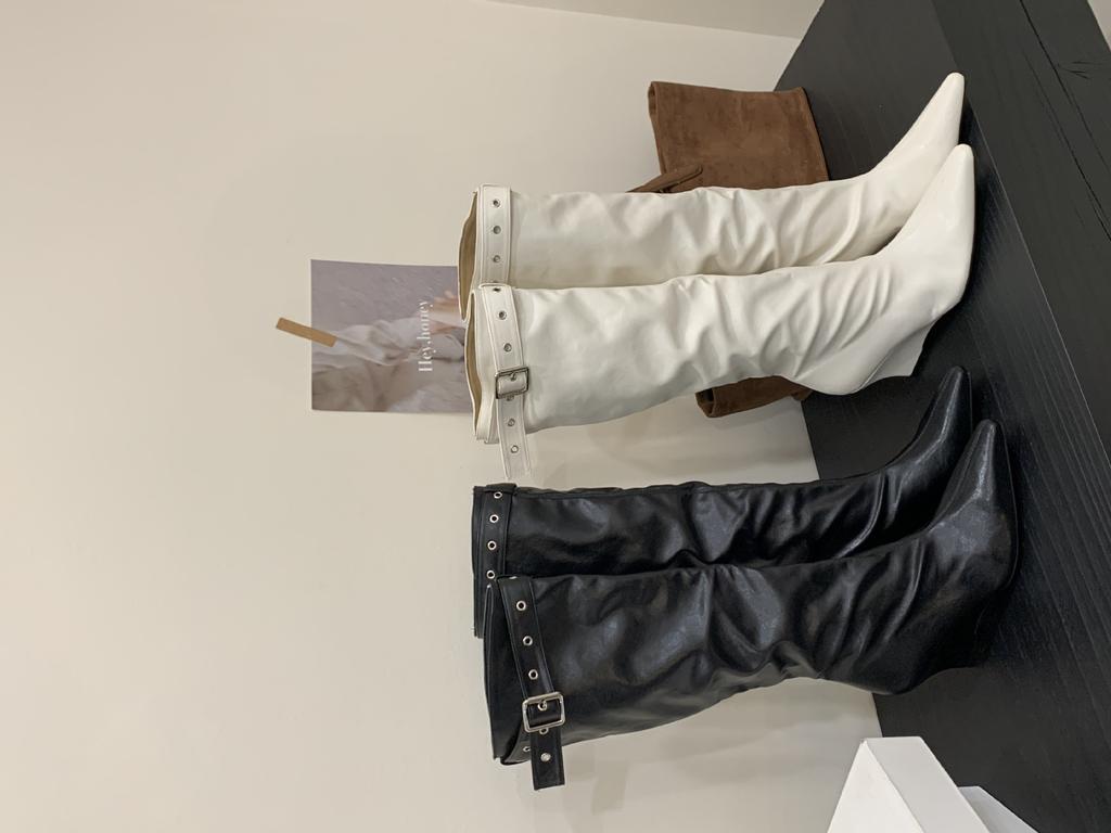 2025 new over-the-knee boots women's niche belt buckle stacking boots tall knight boots wedge heel western cowboy boots