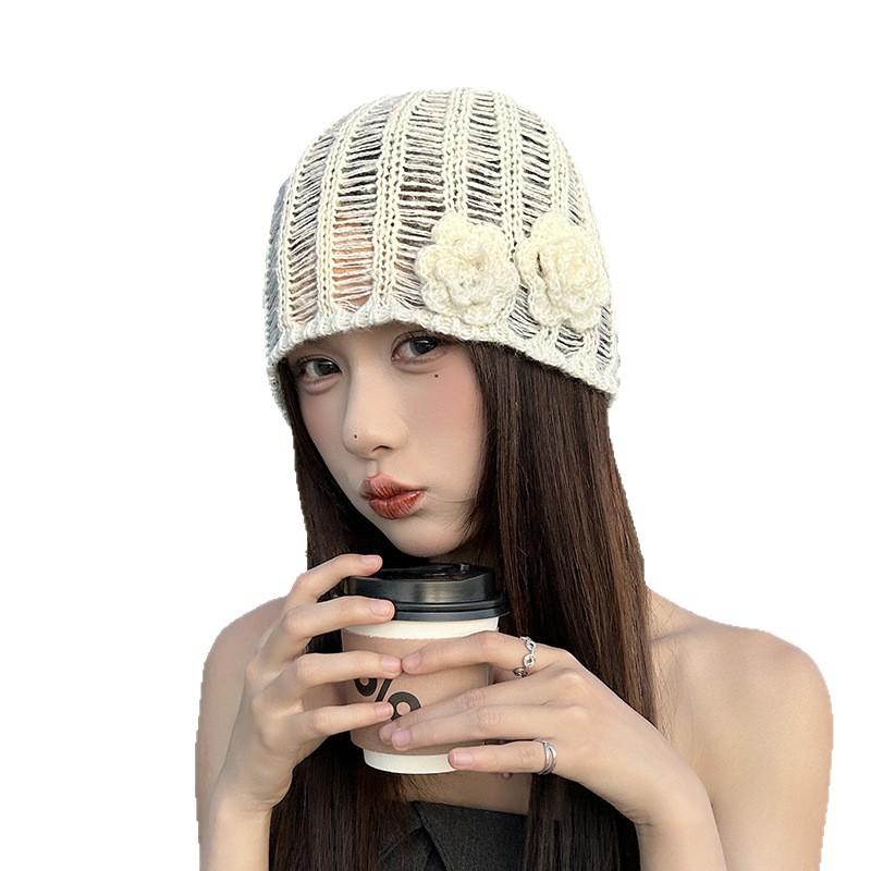 New Spring and Summer Korean Three Dimensional Flower Hollow Pink Knitted Hat for Women with Niche Face Showing Small Wool Hat