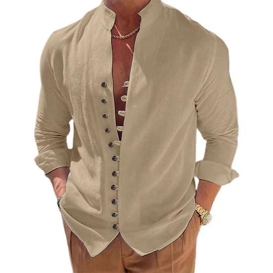 Men Summer Shirt Long Sleeve Stand Collar Single-breasted Casual Buttons Daily Wear Slim Fit Solid Color Beach Shirt Male Clothes