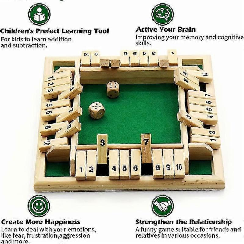 1-4 Players Shut The Box Dice Game, Classic 4 Sided Wooden Board Game with Dice for Kids Adults, Tab