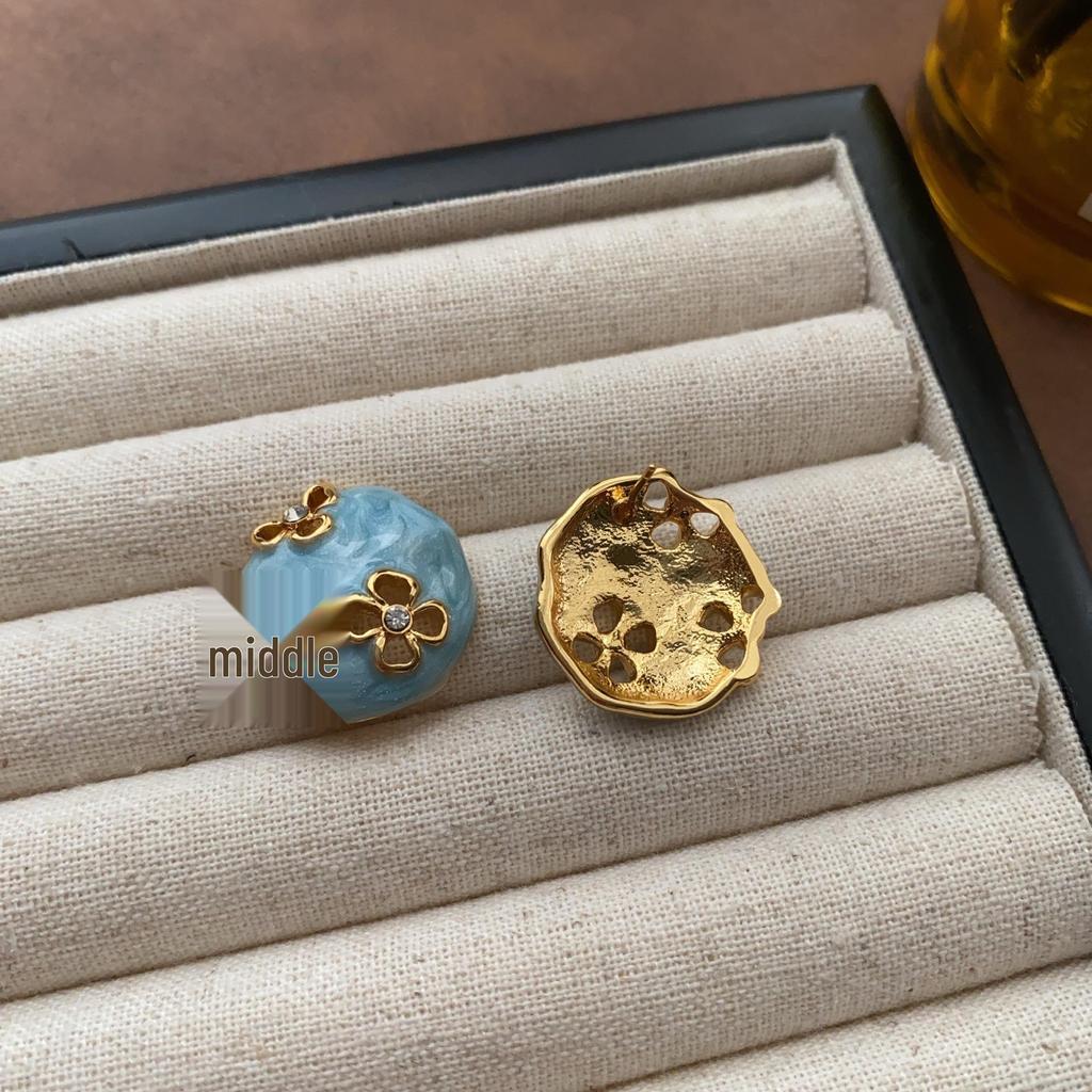 Elegant Vintage Blue Floral Enamel Dangle Earrings - Geometric Style, Blogger Recommended