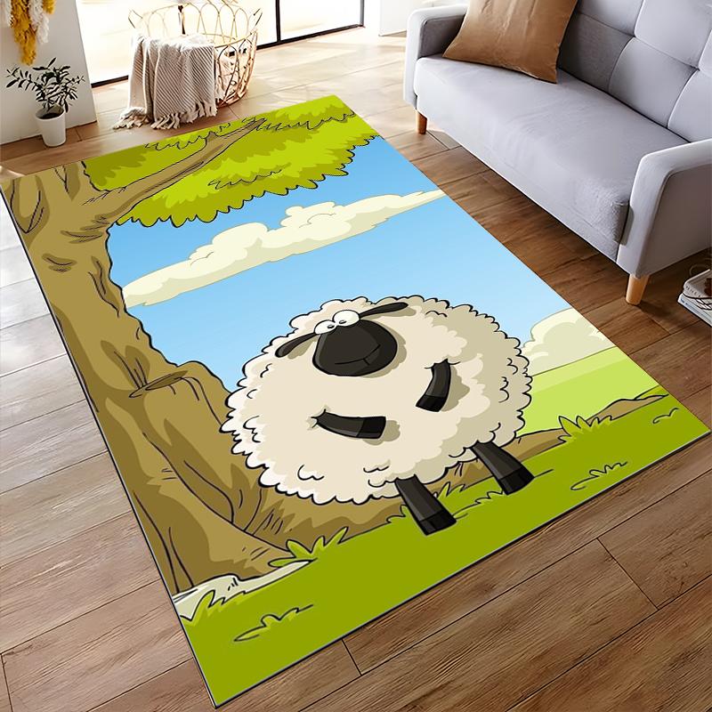 Cartoon Sheep Landscape Carpet for Kids Room, Green and Blue Decor Suitable for Use As an Anti-slip for Living Room Bedroom Sofas