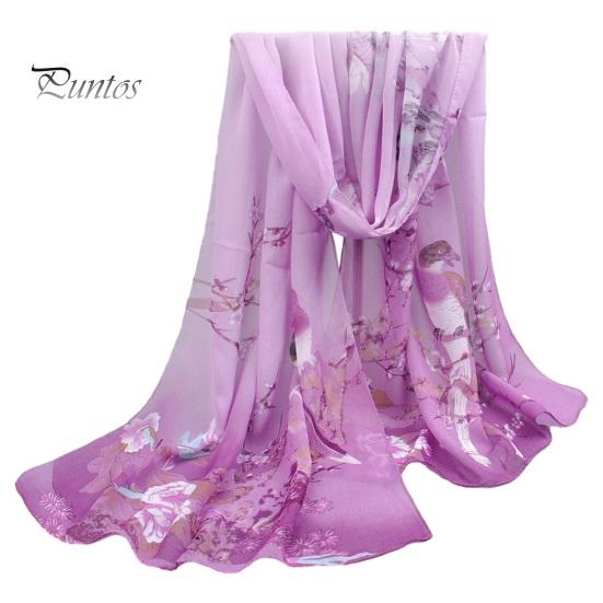 Floral Print Chic Women Scarf Bird Pattern Silky Colorful Wide Sunshade Chiffon Washable Travel Ladies Shawl Clothes Accessory Summer