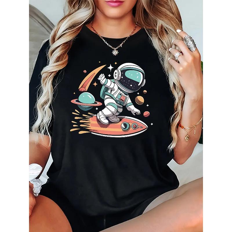 Women s Playful Astronaut Surfing Space Graphic T-Shirt Casual Short Sleeve Summer Tee S