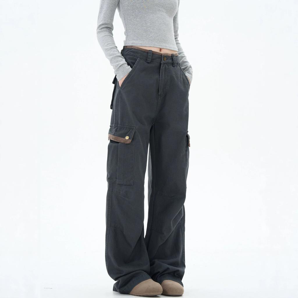 American retro gray overalls men's and women's summer loose straight pants wide-leg casual pants paratrooper pants tide