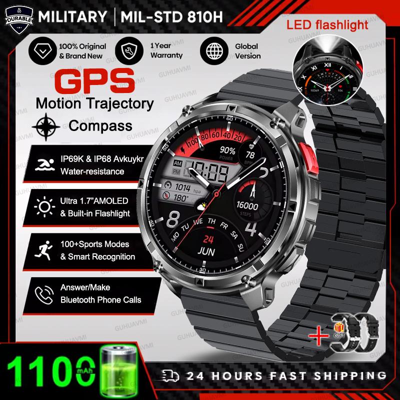 1100mAh Large Battery Durable Adult Smart Watch GPS Strong Flashlight 10ATM Waterproof BT Call Sport Smartwatch Men