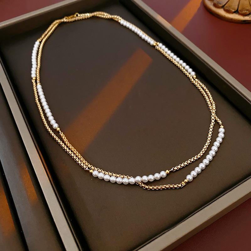 Vintage imitation pearl beaded double stacked collarbone necklace French niche neck necklace