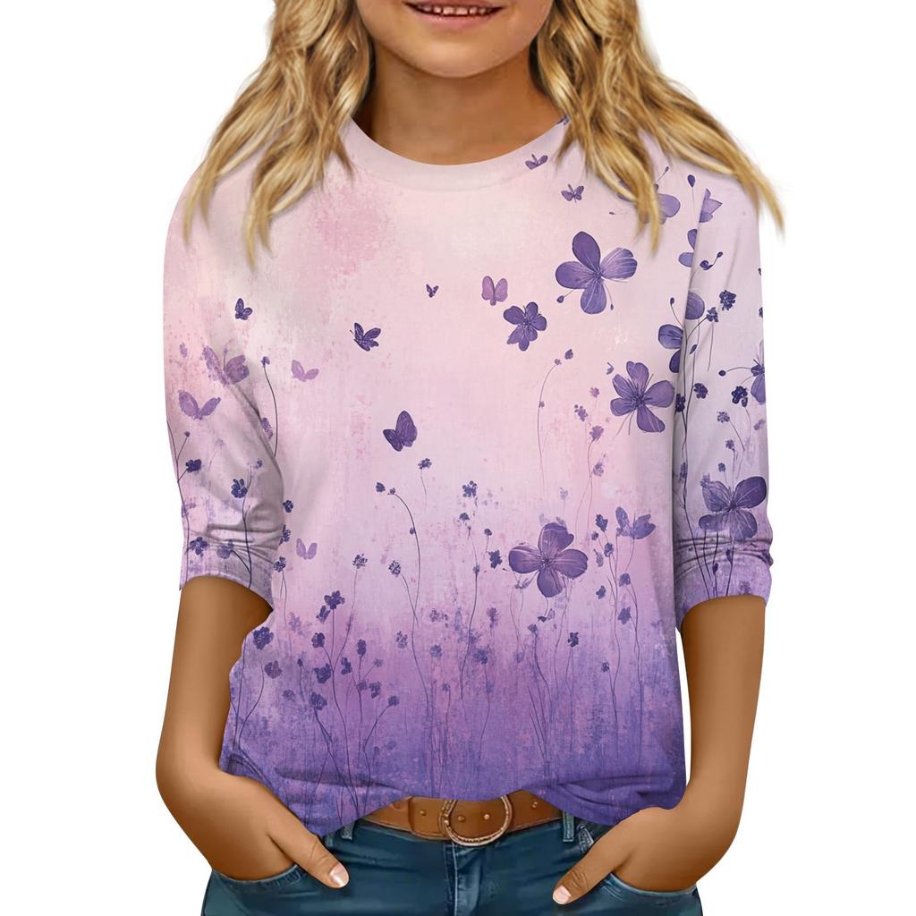 Kinder 3/4 Ärmel Tops Casual Print T-Shirt Rundhals Pullover Bluse