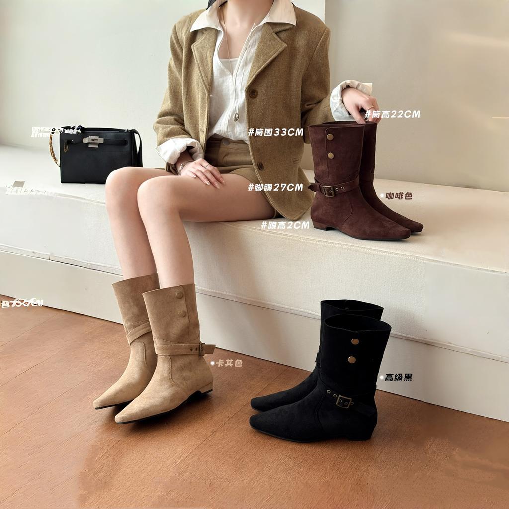 Coarse Heel Suede Medium Boots Women's 2025 Autumn and Winter Retro Spice Girl Style Western Cowboy Boots with Skirt Skinny Boots Short Boots