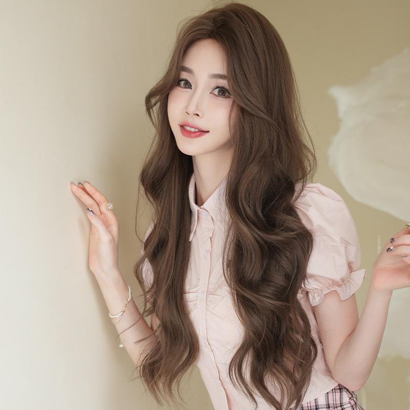 Japanese and Korean Style Women’s Long Wavy Wig with Middle Part Tea Brown Synthetic Full Wig