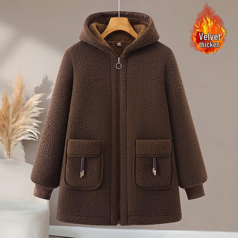 2025 Hooded Mid-Length Woolen Winter Jacket for Women with Plus Size and Thick Velvet Lining
