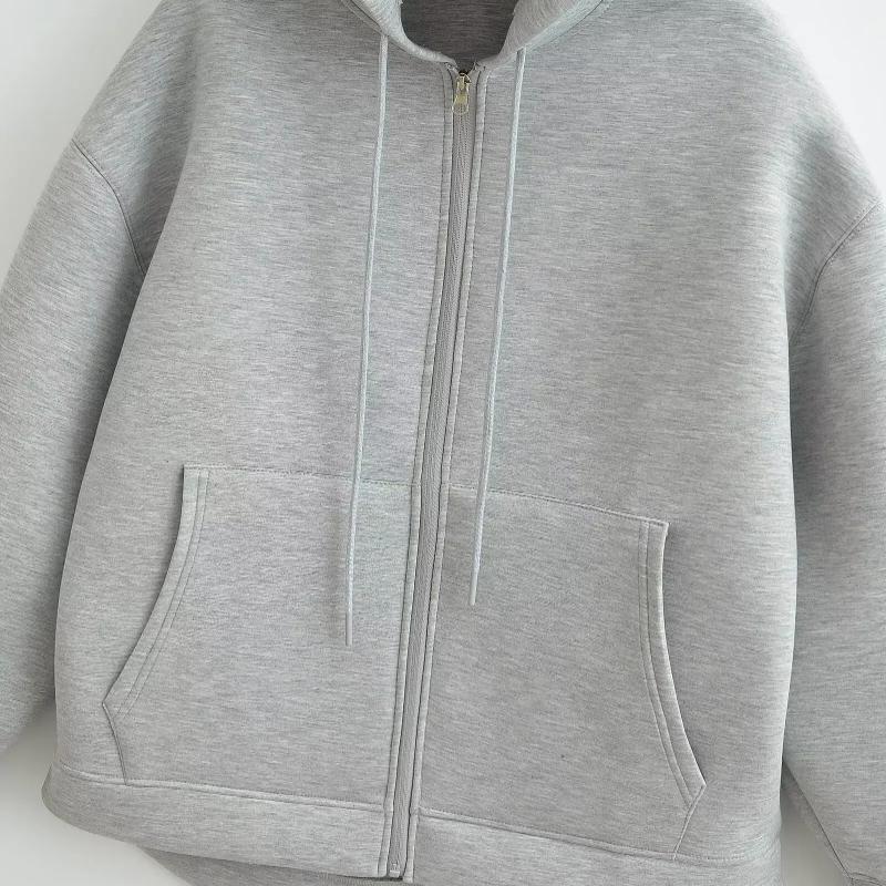 Autumn Winter Women's Zipper Hoodie Coat High Street Double Pockets Oversize Jakcet Loose Sweatshirts Outerwear Top