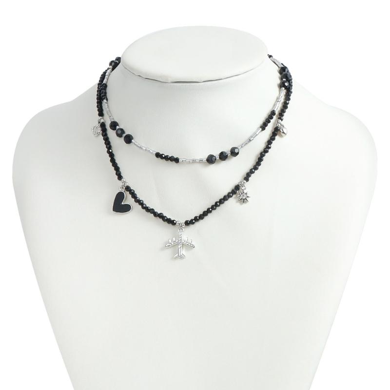 Gothic Plane Pendant Necklace Layer Black Beaded Charm Spikes Necklaces Crystals Cubic Zirconia Faith Jewelry for Women