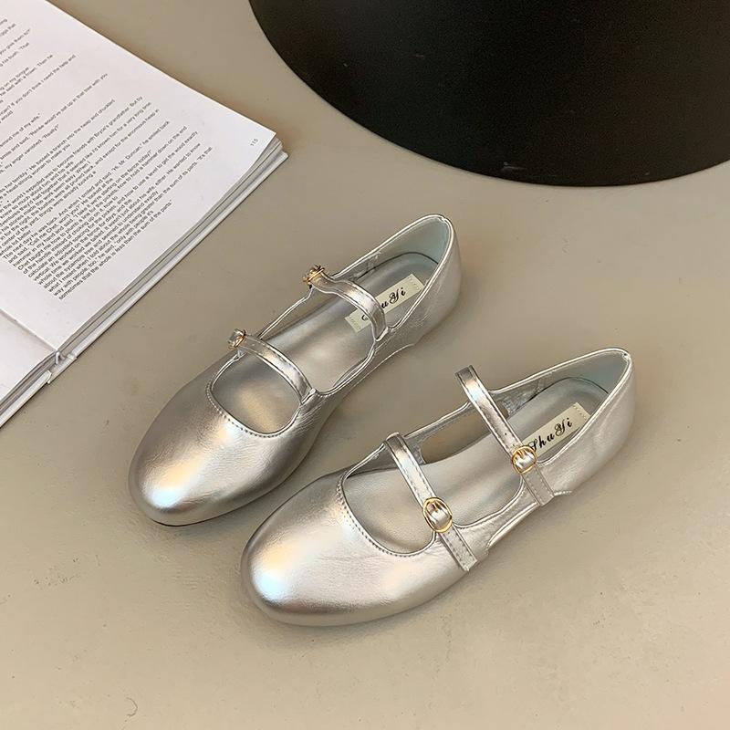 

Французские ретро туфли Мэри Джейн женские 2025 лето новая нишевая дизайнерская обувь балетки на плоской подошве с открытыми боками 40 серебряный